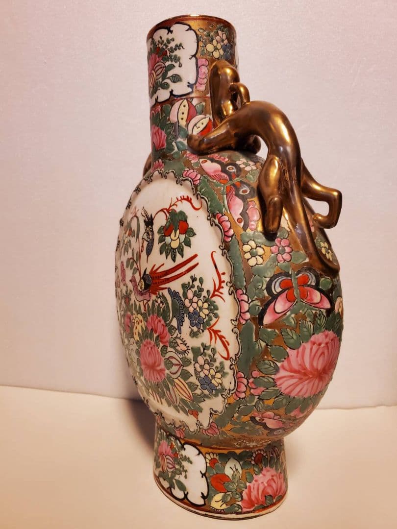 中国古玩　大清乾隆年製　扁壺　粉彩花鳥図双龍耳　花瓶