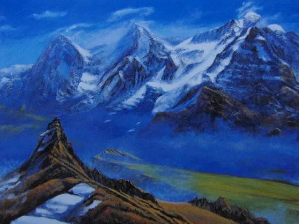 野並允温、ベルナ・オーバーランドの山々、希少な画集より、新品高級額・額装付