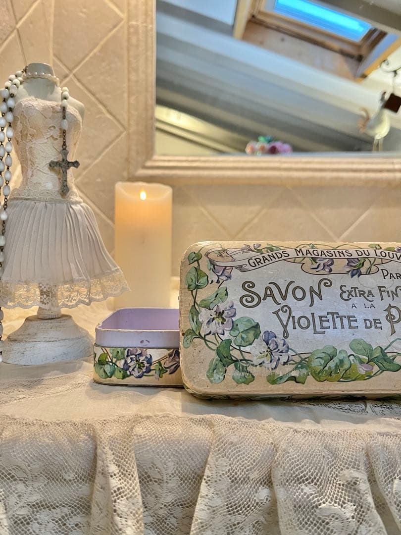 ◆フランスアンティーク｜レア1900年代パリ石鹸箱アールヌーボー紙箱すみれ紫花