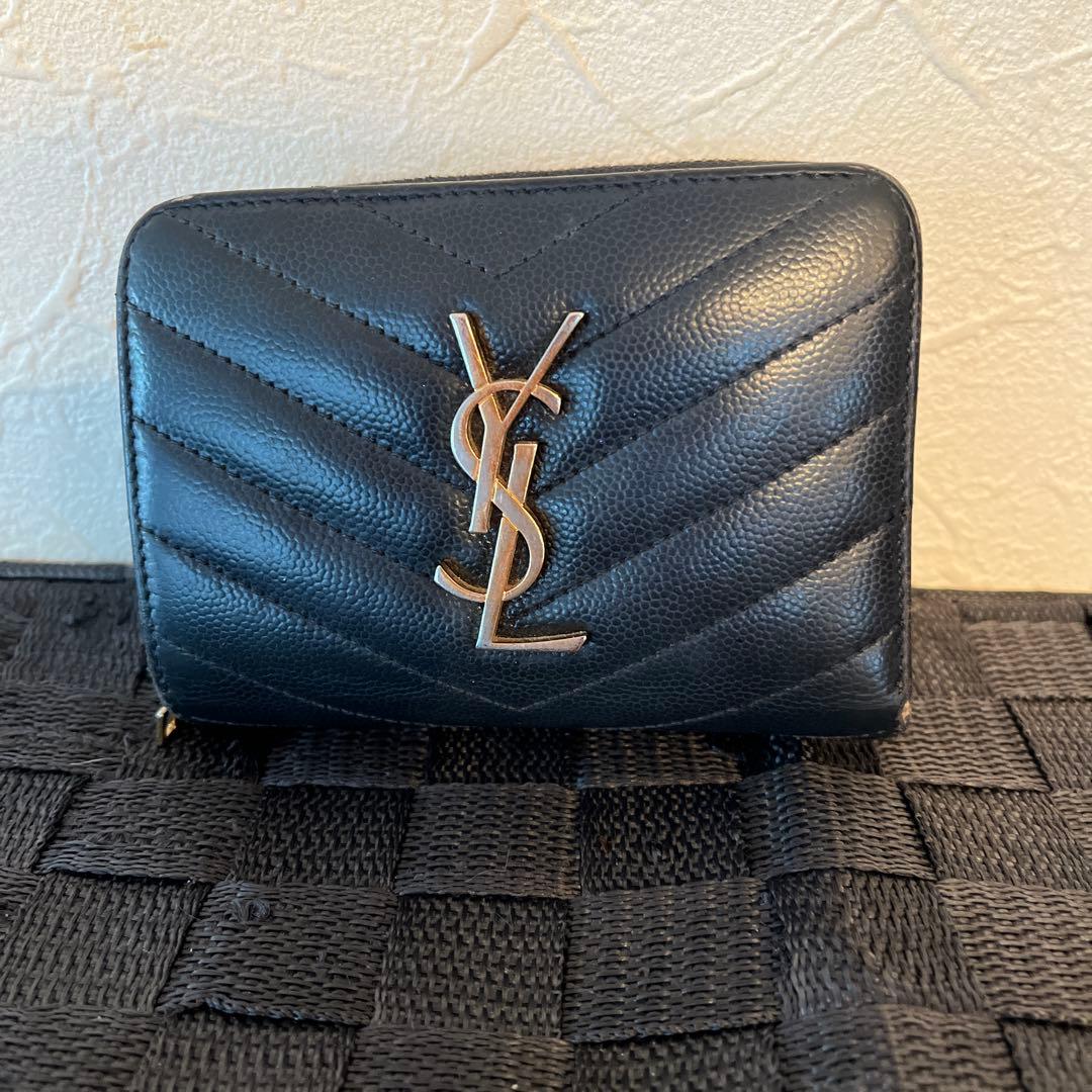 サンローラン　折り財布　キャビアスキン　黒　グレー　レザー　YSLロゴ