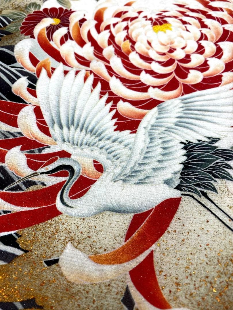 振袖 仮絵羽 舞台衣装 金彩 銀通し 牡丹 鶴 正絹 未仕立て品 八掛付き