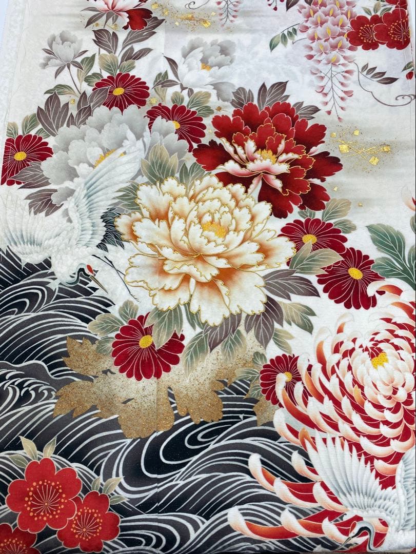 振袖 仮絵羽 舞台衣装 金彩 銀通し 牡丹 鶴 正絹 未仕立て品 八掛付き