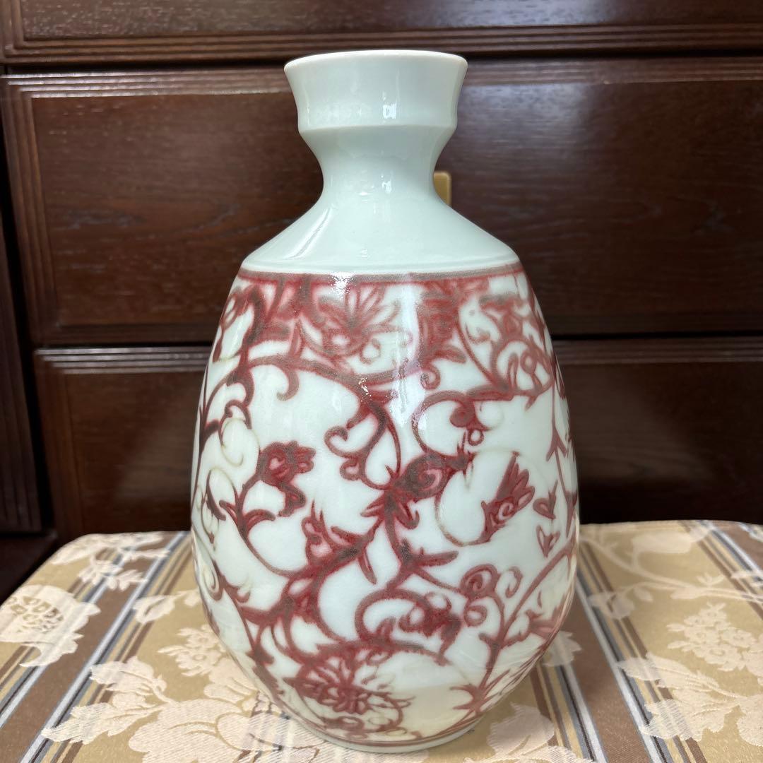 巨匠　吉田隆　釉裏紅　唐草花入　本物保証