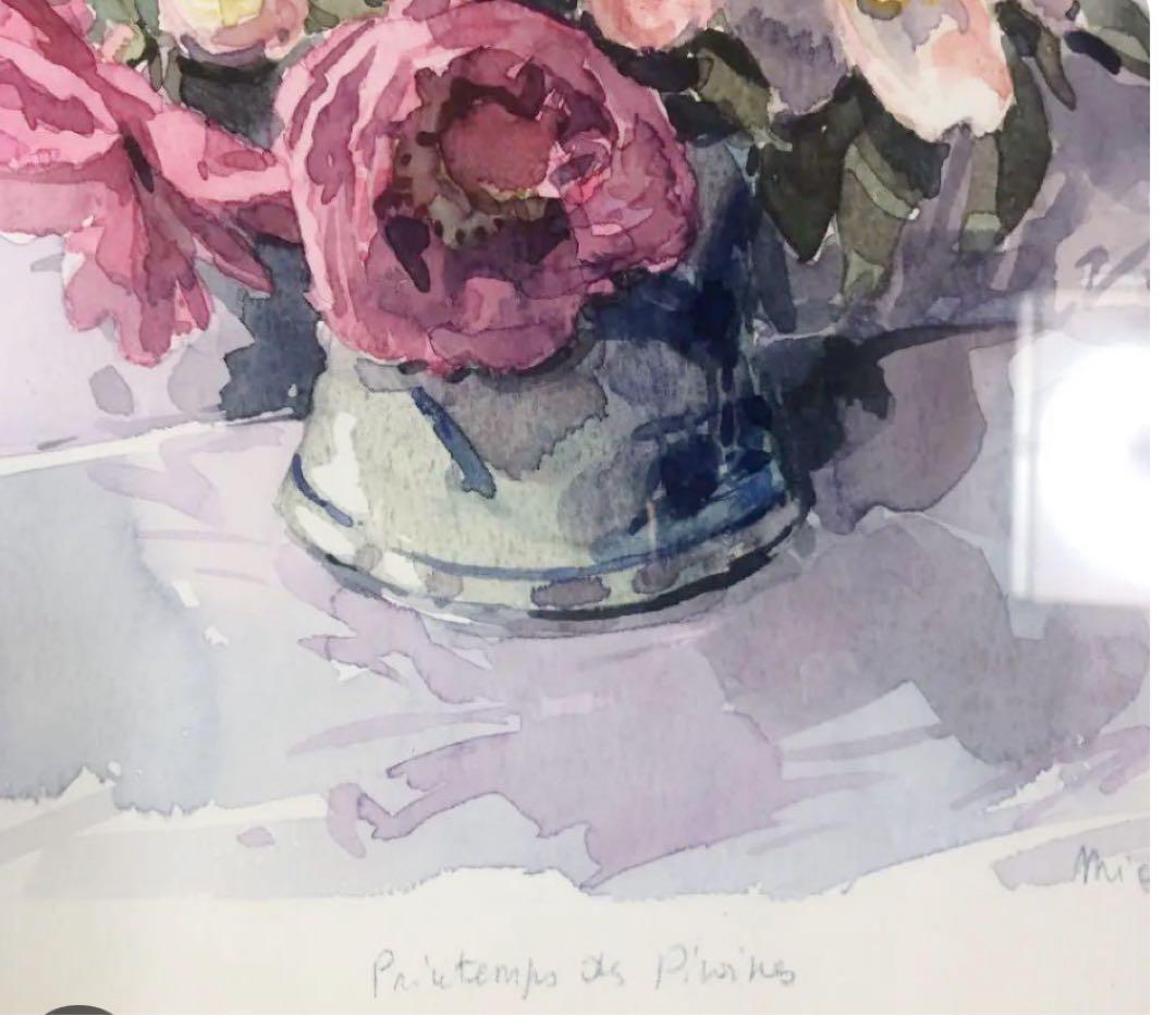 ミシェル・トゥルメル 水彩画「春の芍薬」 額装品