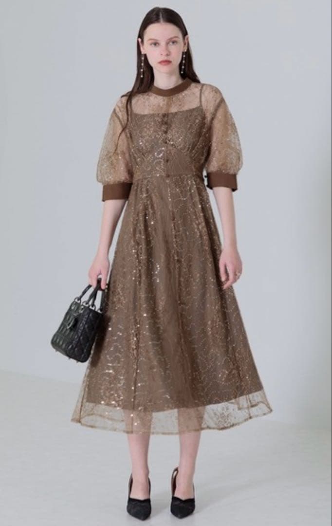 【LEJA】配色パイピングレーススパンコール刺繍パフスリーブフレアドレス