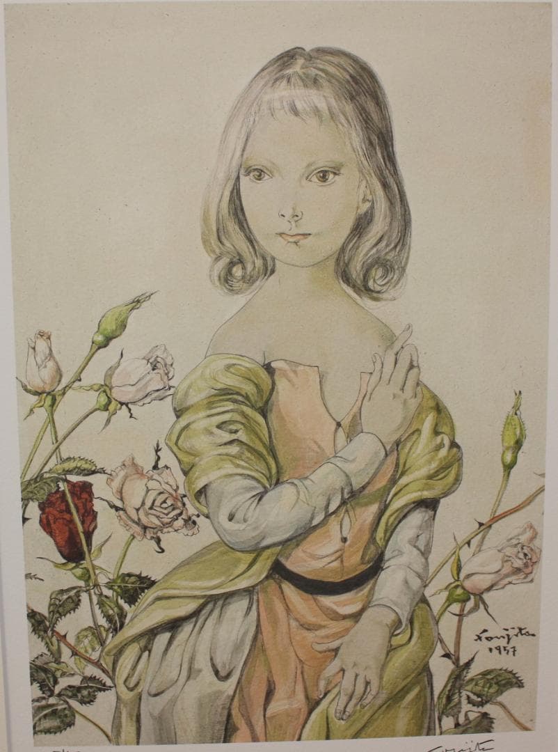 藤田嗣治 エスタンプリトグラフ バラと少女 150部限定