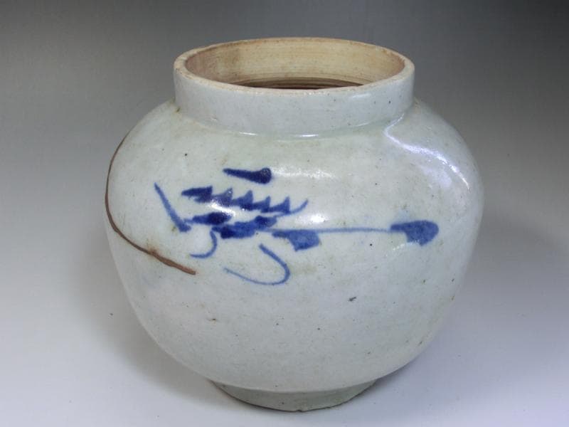 壷■古い李朝染付口広丸壺 砂高台 唐草紋 砂高台 直し有 花器 時代物 骨董品■