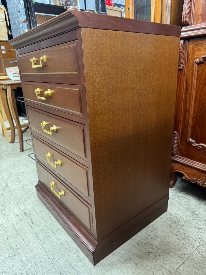 E◆マルニ製 木製チェスト5段 天然木 ウレタン塗装