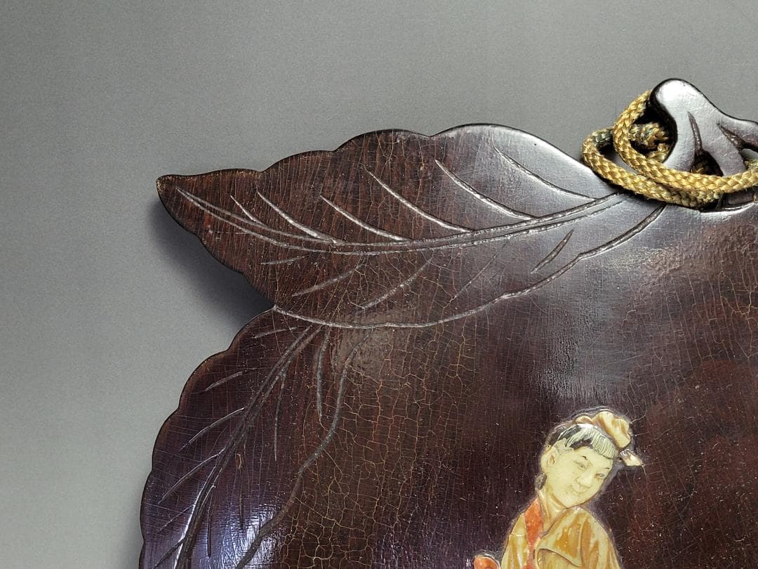 唐木製 寿山石 象嵌 女人図 木板 高さ約30.3cm