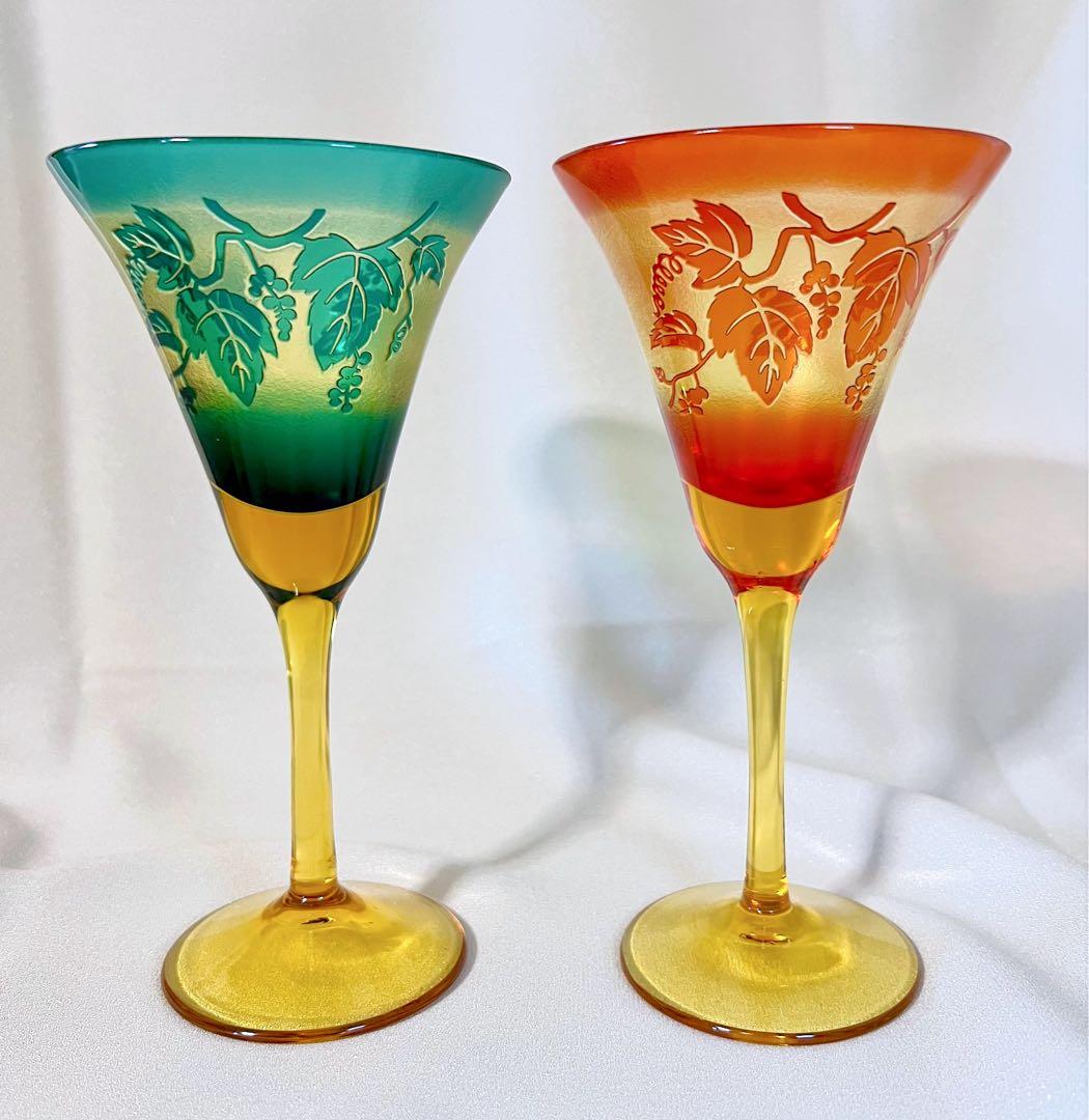 鸛《美品》現代の名工 黒木国昭 綾工房 ワイングラスペア＆ぐい呑みペア切子ガラス