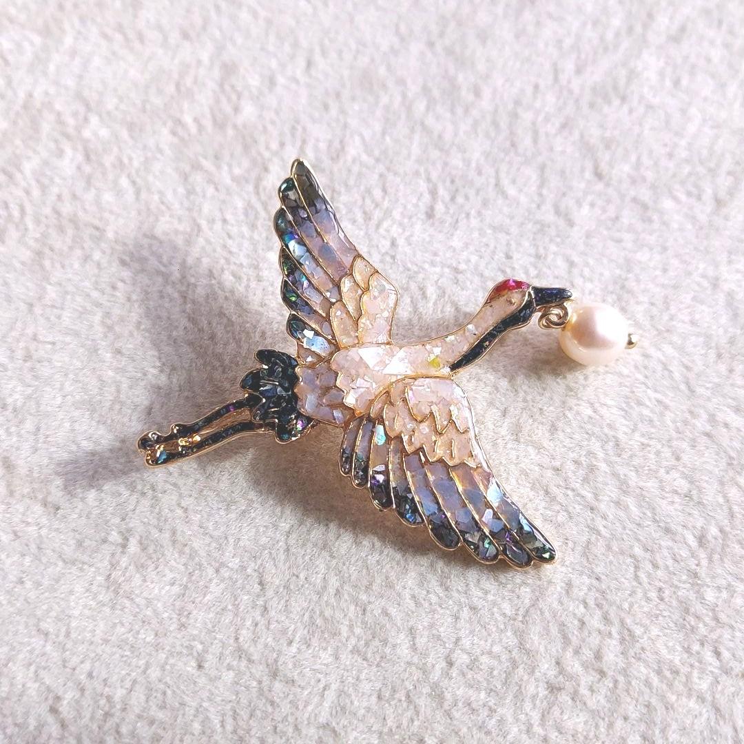 本真珠　シェル　鶴　ブローチ