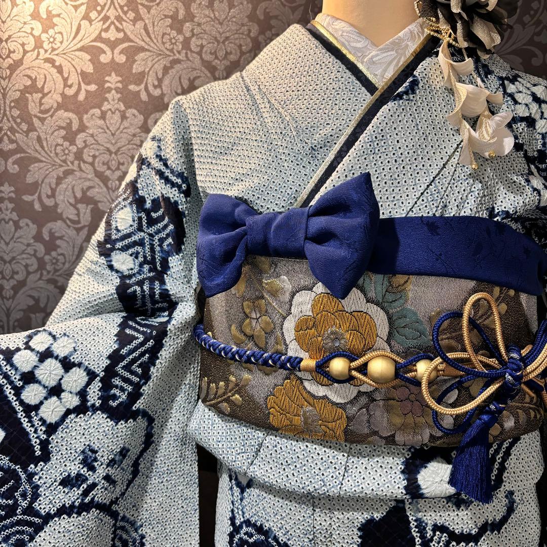 人間国宝　最高級　作家物　藍染　証紙　本疋田　総絞り　振袖　フルセット 振り袖