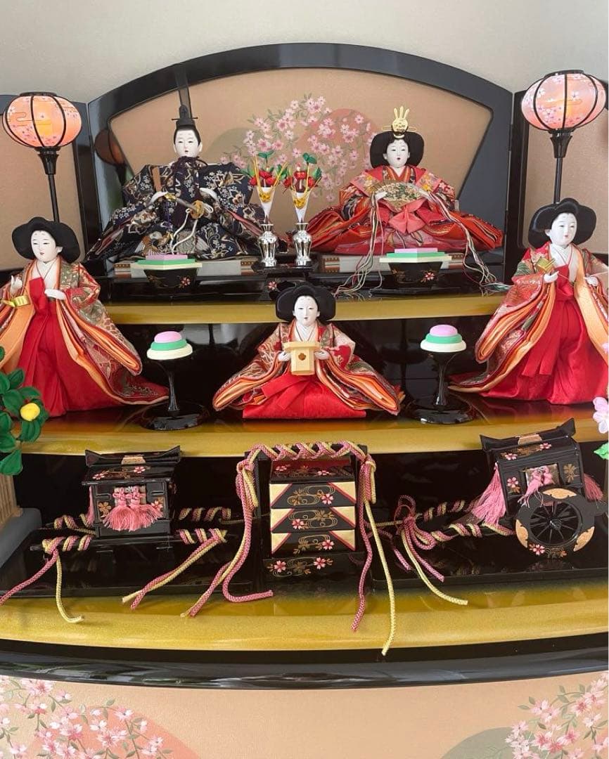 美品　原孝州　お雛様　雛人形　三段飾り　五人飾り　桜刺繍　光るぼんぼり