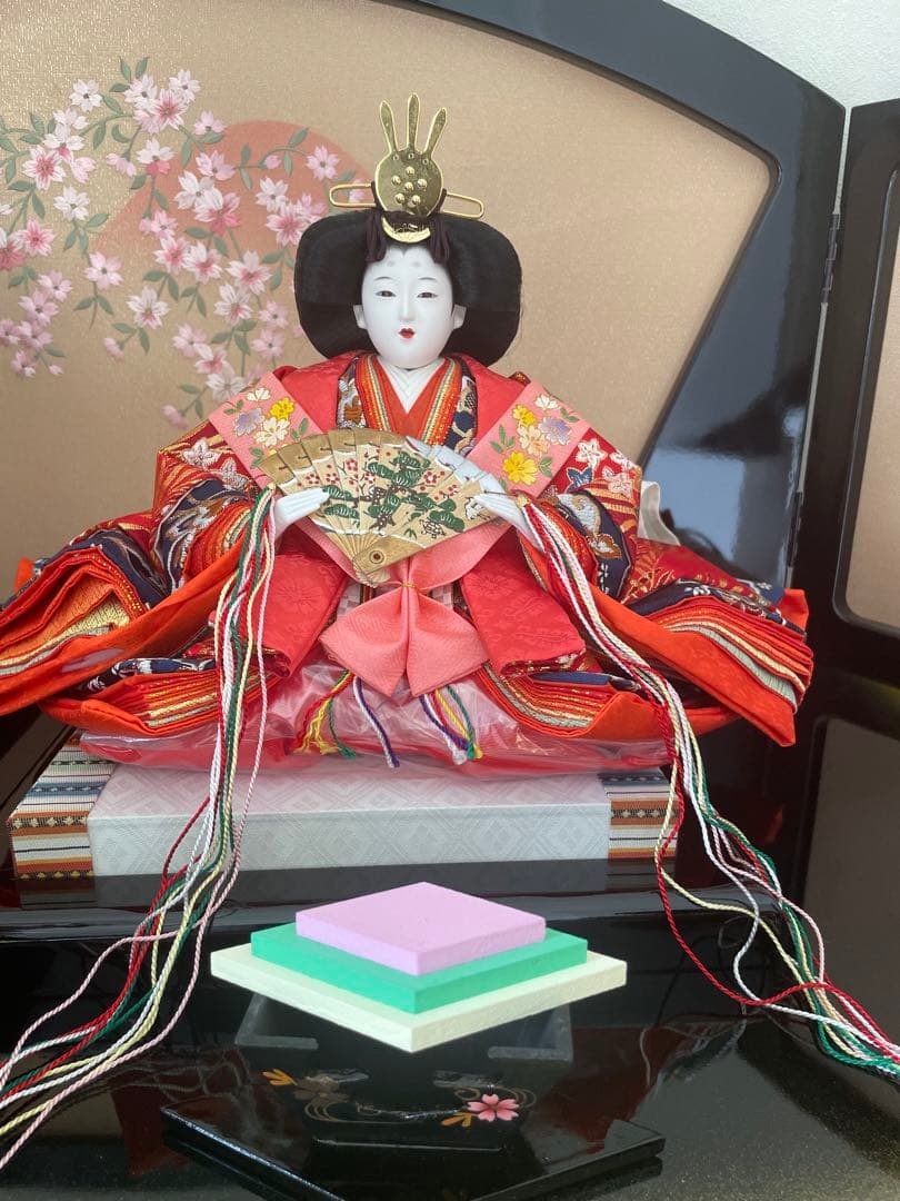 美品　原孝州　お雛様　雛人形　三段飾り　五人飾り　桜刺繍　光るぼんぼり