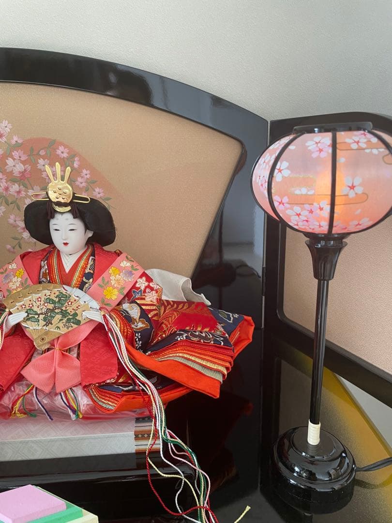 美品　原孝州　お雛様　雛人形　三段飾り　五人飾り　桜刺繍　光るぼんぼり