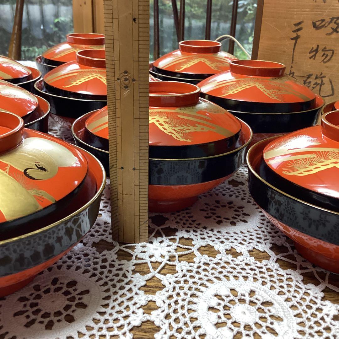 k2f19 漆器 吸物椀　10客　　朱　金色の鶴デザイン