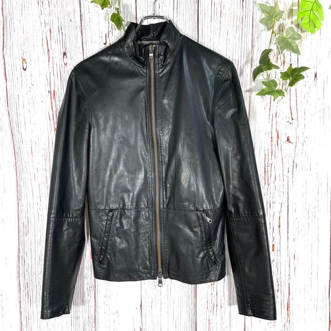 【美品】アルマーニエクスチェンジレザージャケット　シングル　黒　金属ロゴ　ヤギ革