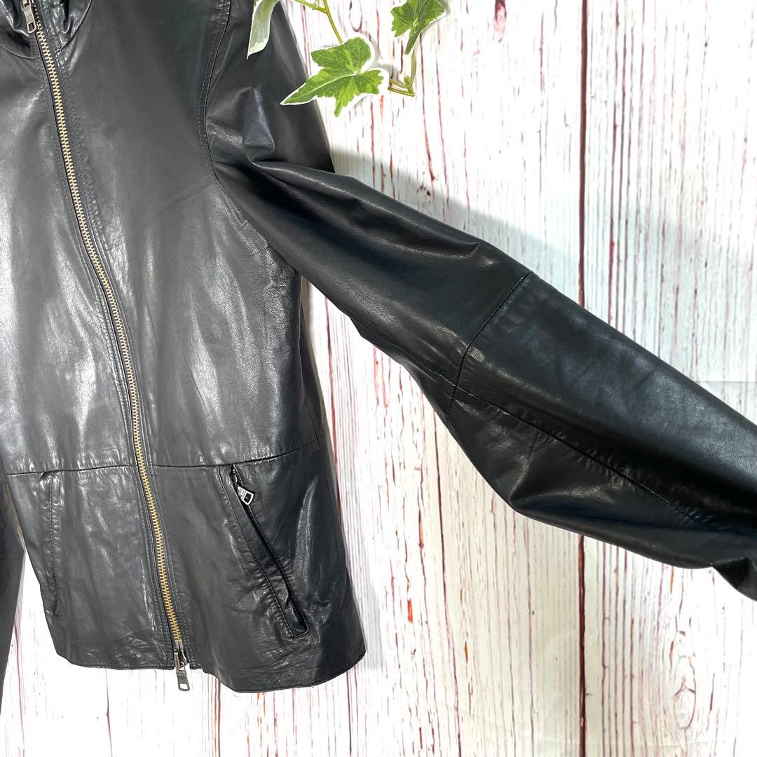 【美品】アルマーニエクスチェンジレザージャケット　シングル　黒　金属ロゴ　ヤギ革