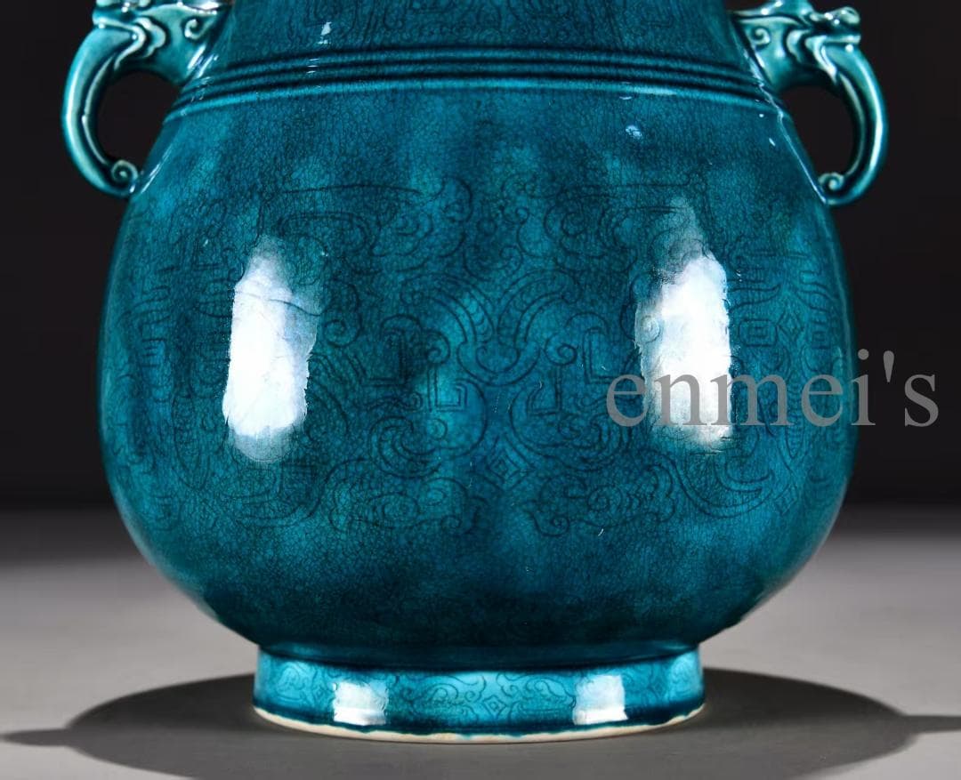 中国古美術 清雍正款 孔雀青釉 暗刻 花瓶 広口壺 古陶磁 骨董品 唐物 古玩