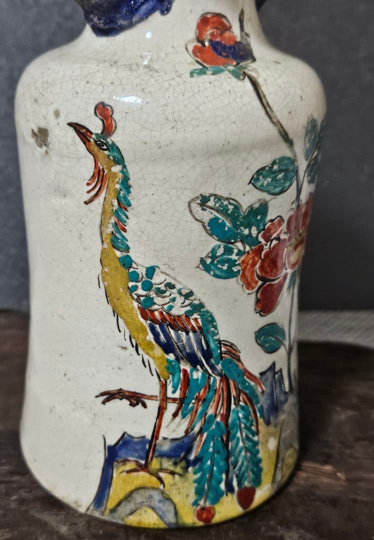 中国古美術　中国古陶磁器　清代　清朝期 色絵　古赤絵　鳥に花の図　広口瓶　花入れ