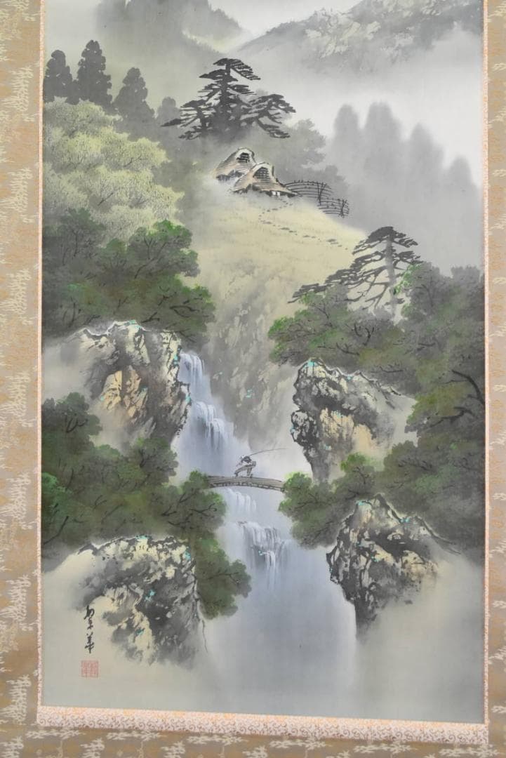 【真作】西脇繁華/山家滝釣人図/山水図/掛軸☆宝船☆AB-343