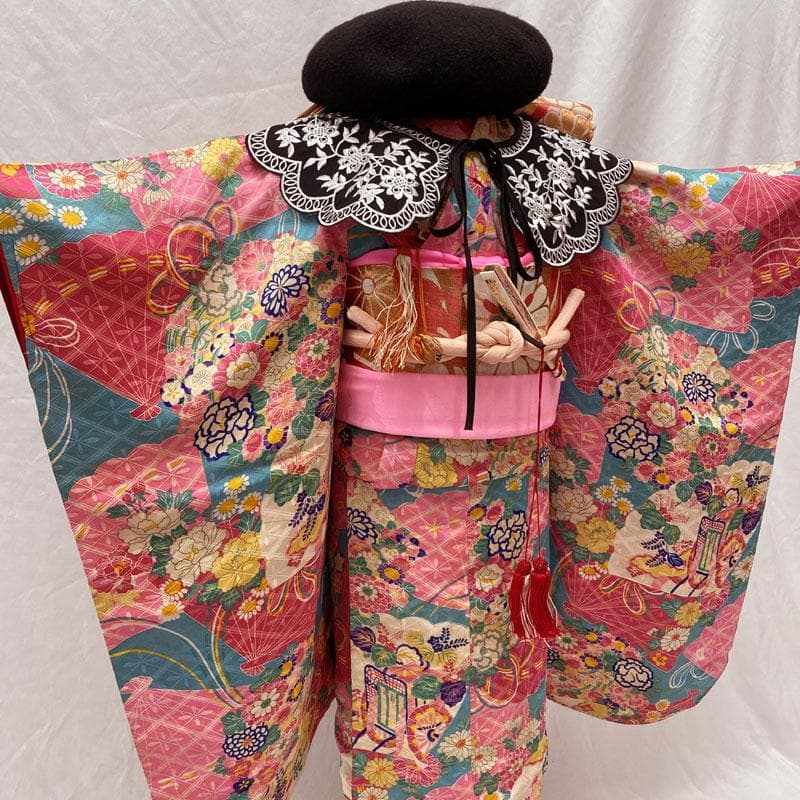 510ag48◎七五三 七歳 女児 アンティーク着物&丸帯 総柄 濃い水色◎