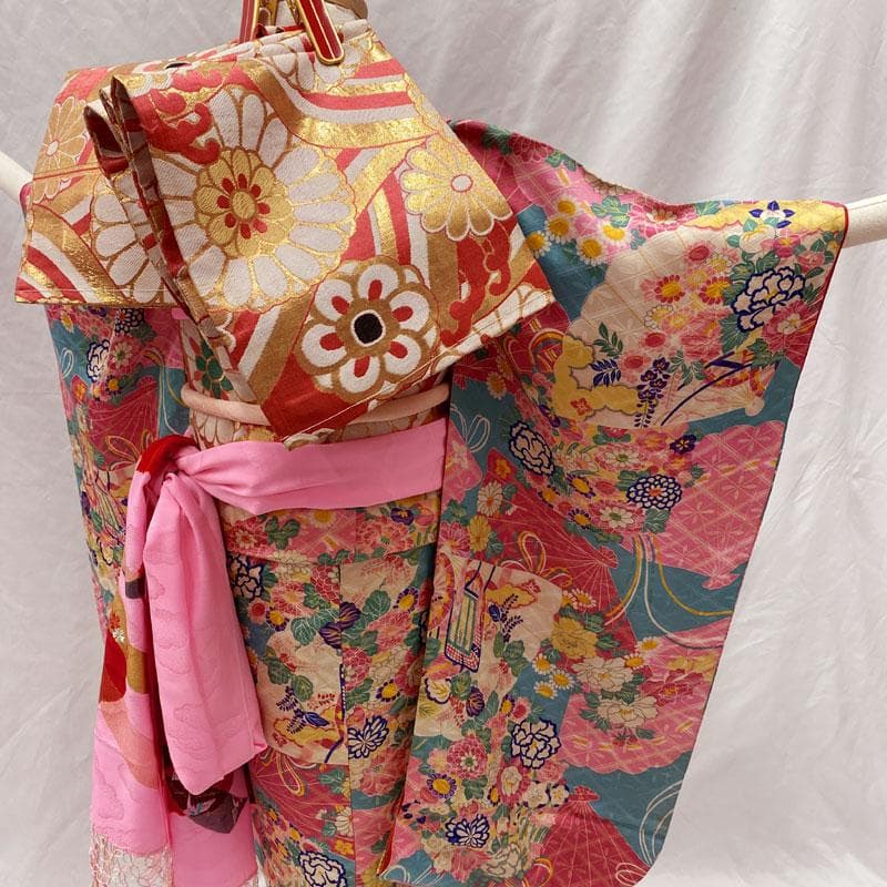 510ag48◎七五三 七歳 女児 アンティーク着物&丸帯 総柄 濃い水色◎