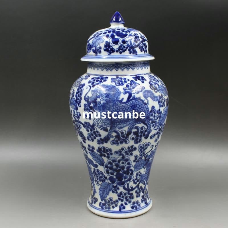 青花着花麒麟紋将軍壺 景徳鎮 陶磁器 装飾品 現代工芸品 美術品 置物