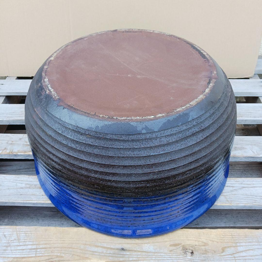 新品　∅49　特大　陶器　睡蓮鉢　手造り　メダカ鉢　難有　ラピスブルー　青LDB