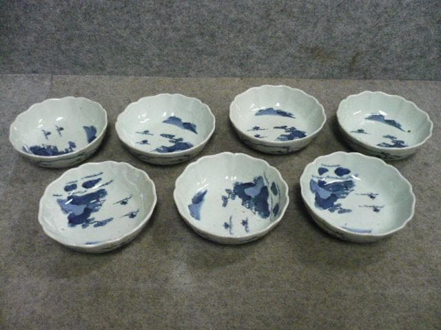 成化年製 伊万里 海辺に帆掛舟 染付 なます皿 7枚 [B31344]