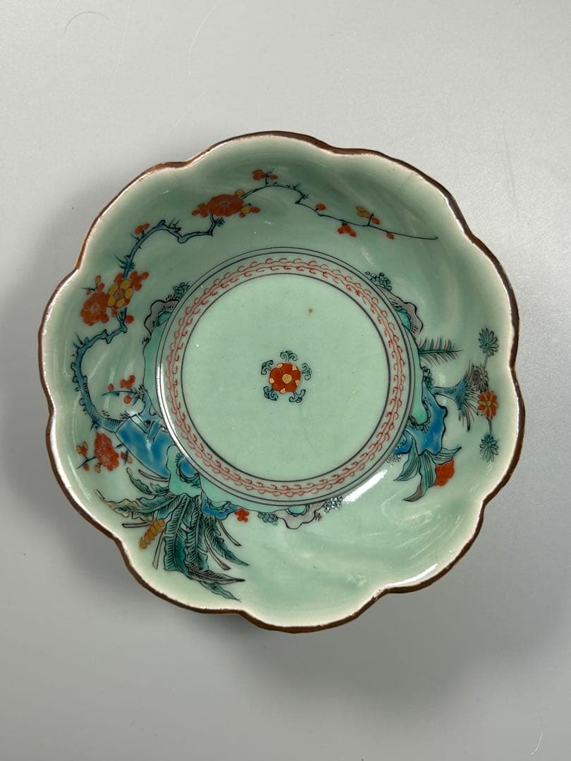 古伊万里　江戸青磁　柿右衛門手　青磁五弁花梅文様膾皿　五点　なます皿　菊　岩赤絵