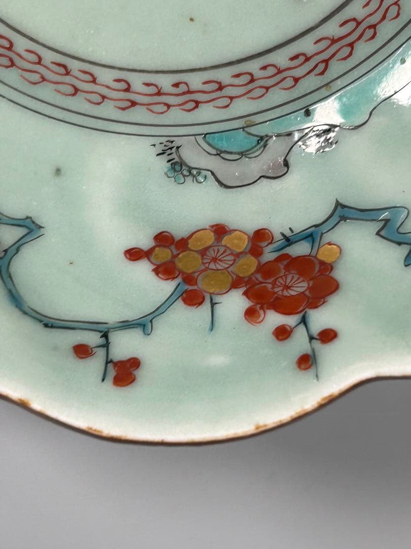 古伊万里　江戸青磁　柿右衛門手　青磁五弁花梅文様膾皿　五点　なます皿　菊　岩赤絵