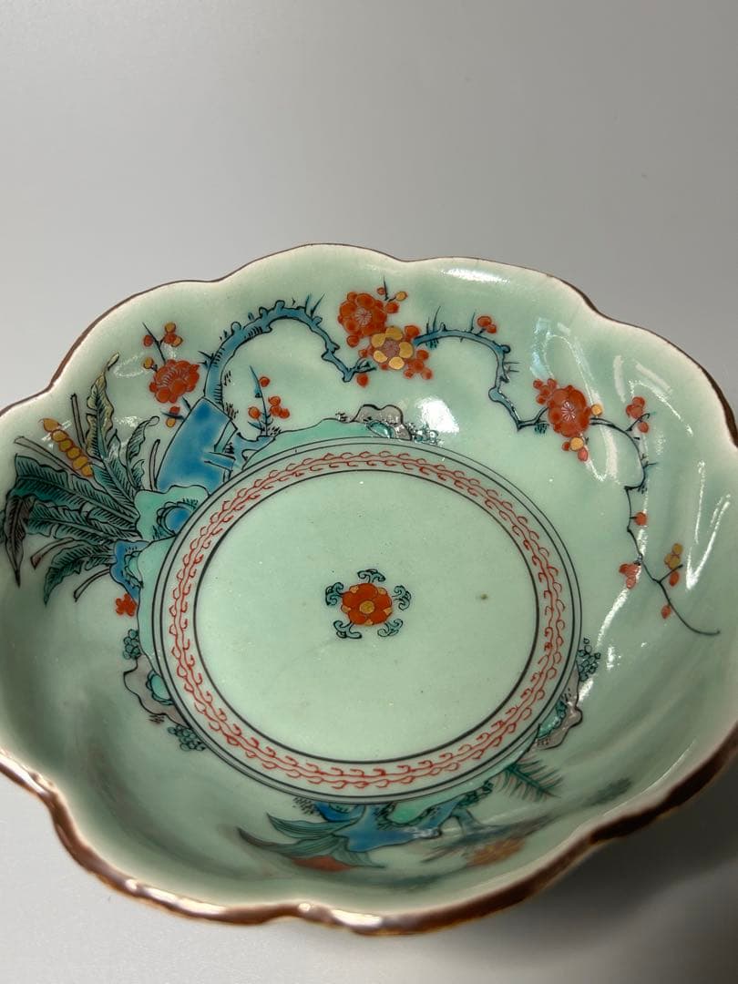 古伊万里　江戸青磁　柿右衛門手　青磁五弁花梅文様膾皿　五点　なます皿　菊　岩赤絵