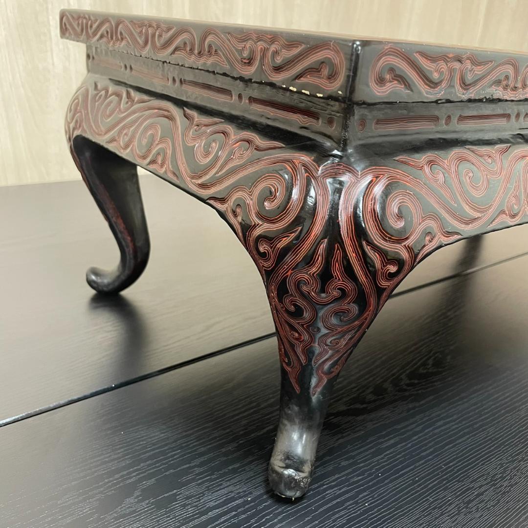 中国古玩 唐物 堆黒倶利彫紋大型平卓 宣徳年製 花台 中国美術 骨董古美術