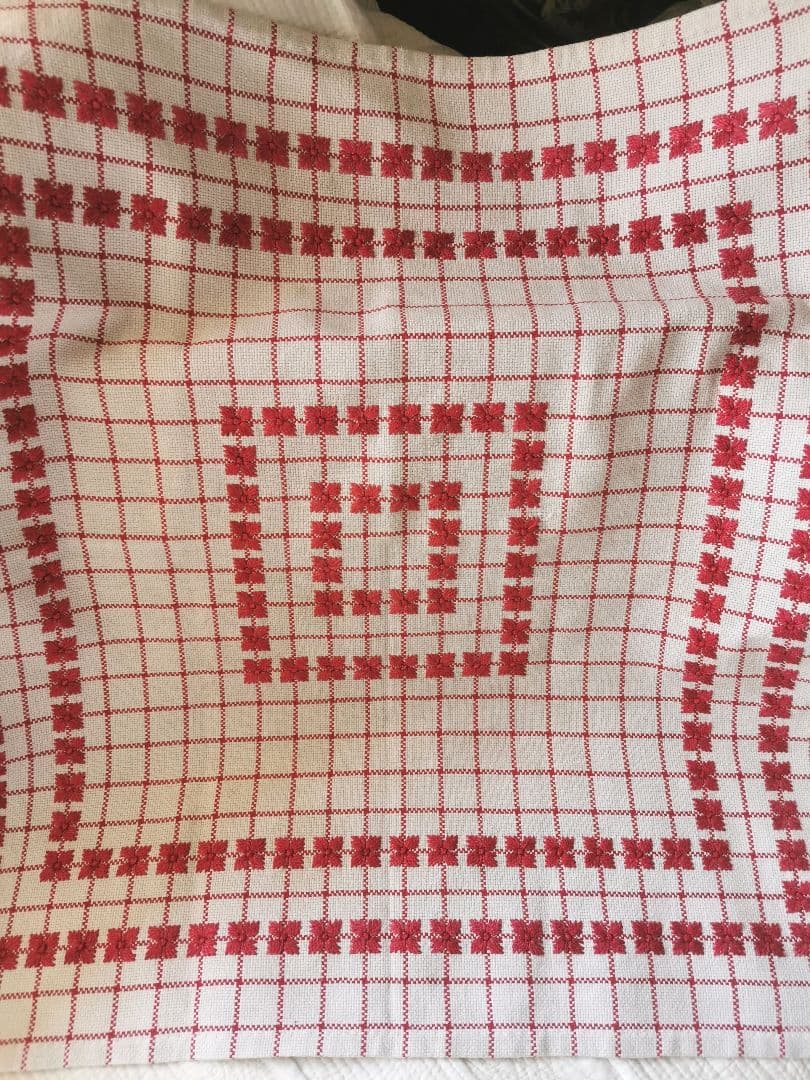 アンティーク フランス アルザス地方 赤糸花刺繍 チェック 大判リネンクロス