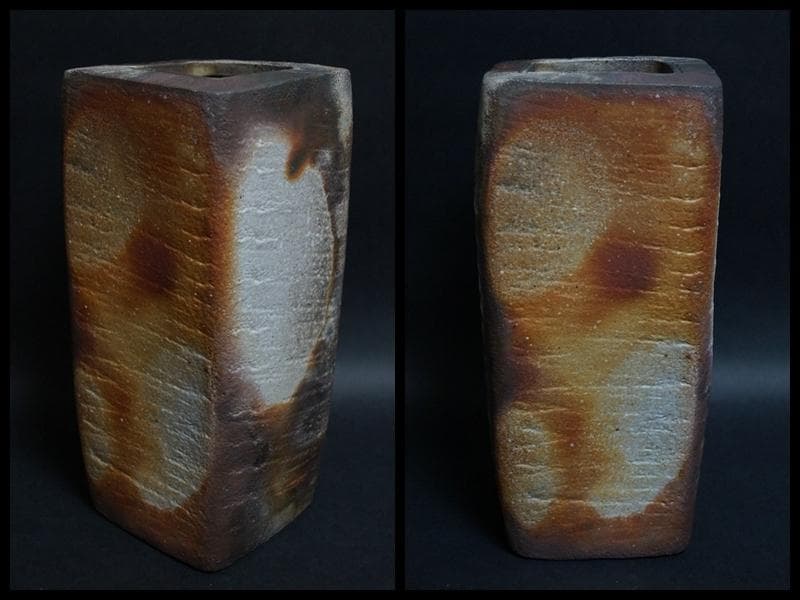 備前焼 小西陶古作 窯変大型角花器 面取飾り花瓶 共箱 高さ27.2㎝★美品★