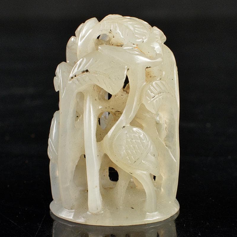中国　玉石白玉彫刻　鳥木透かし彫　根付　置物　M 　R5978E