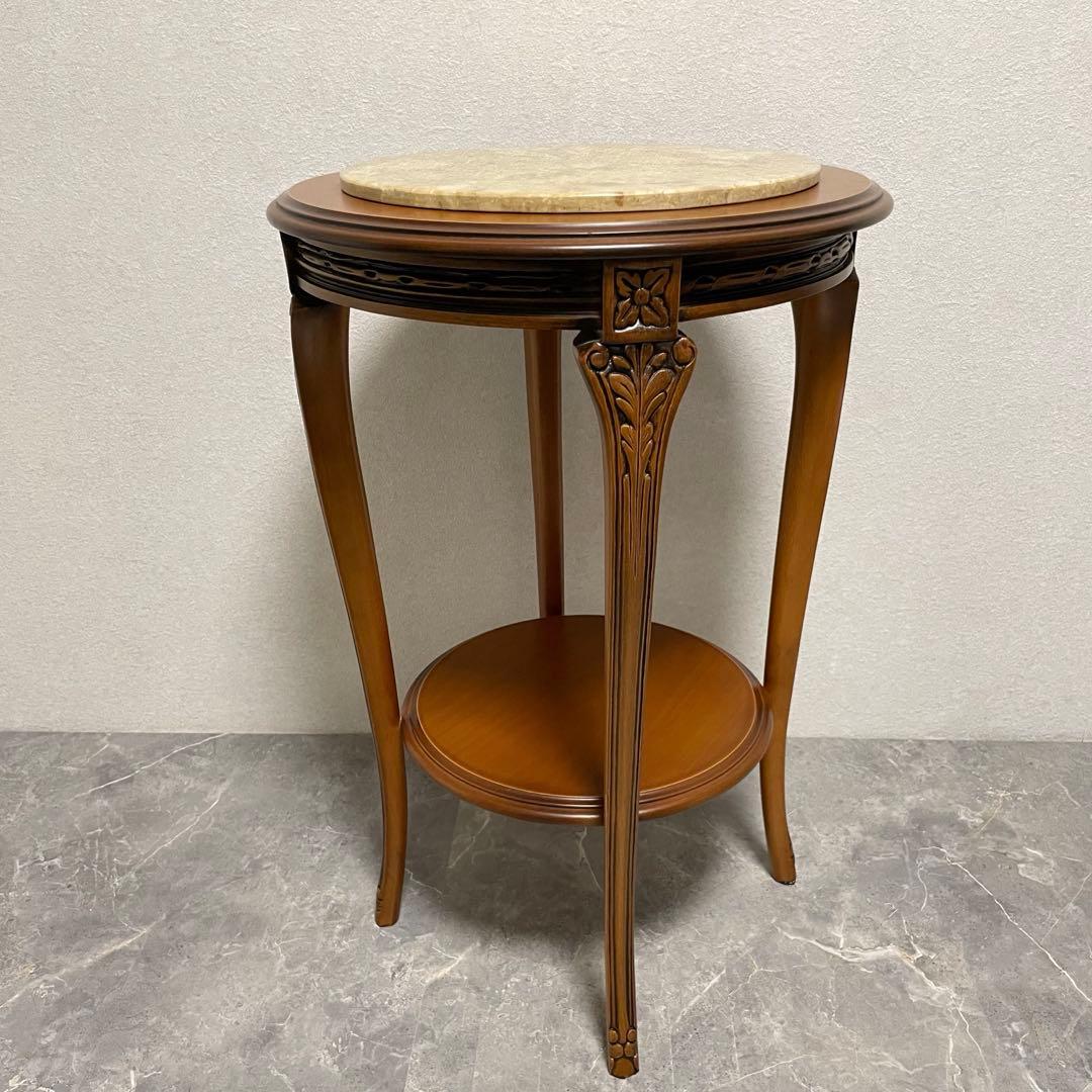 イタリア製　天板大理石　花台　サイドテーブル　木彫刻　飾り台　猫脚