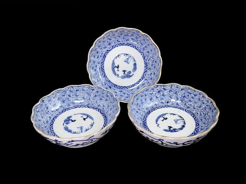 古伊万里　染付　微塵唐草の図　膾皿　３客　E980AS-CUx