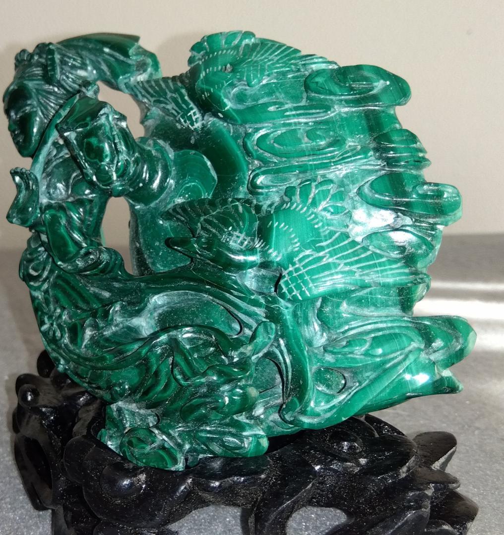 クジャク石【マラカイト】吉祥天女像台座 極細工 逸品 置物
