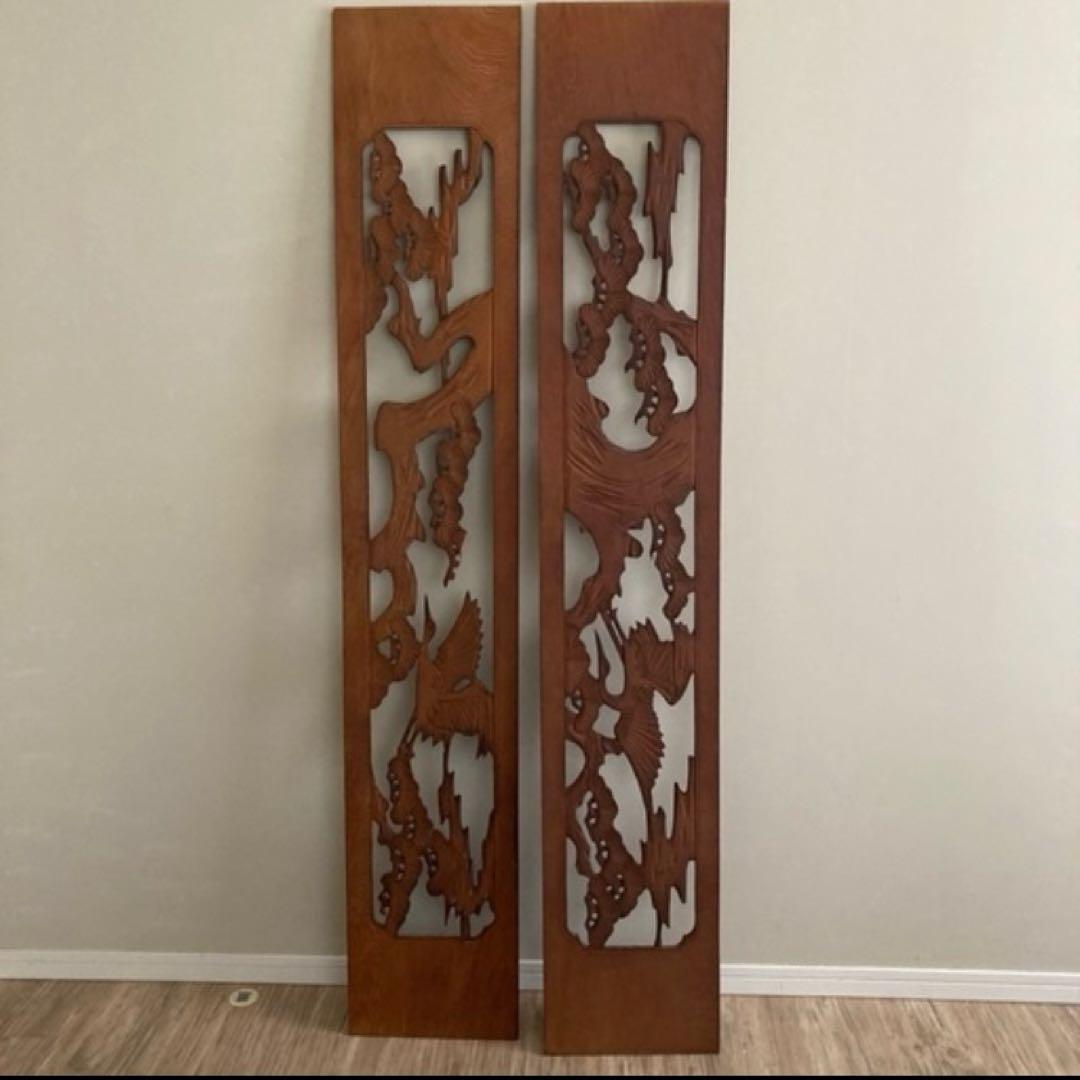欄間2枚セット【昭和レトロ/当時物】アンティーク建具和室木工品工芸品