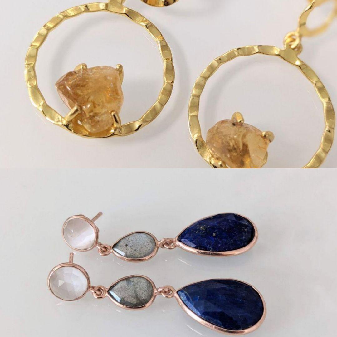 シトリンのサークルピアスととラピスラズリの3連ピアス　おまとめで