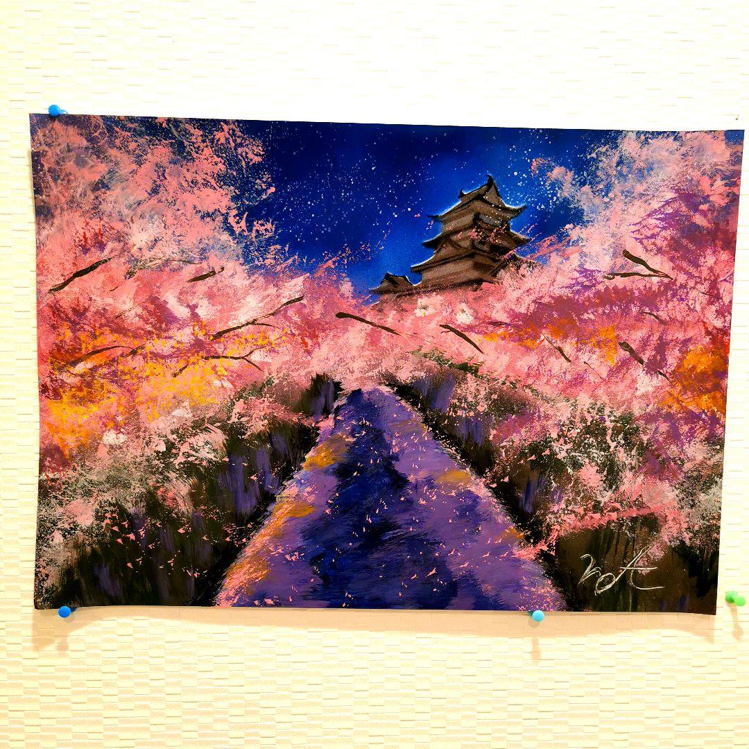 夜桜と城のスプレーアート原画