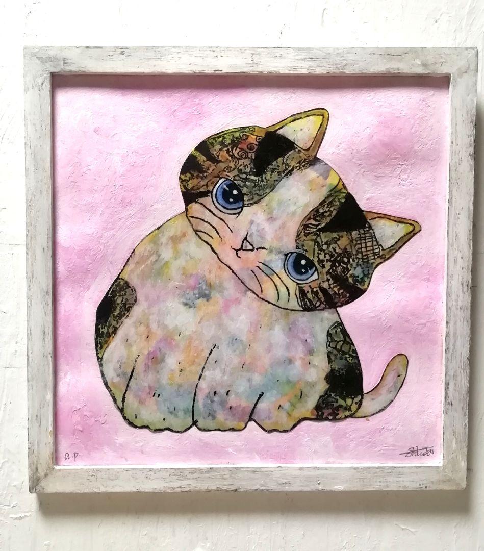 額付き銅版画応用絵画　title「よりそい猫」
