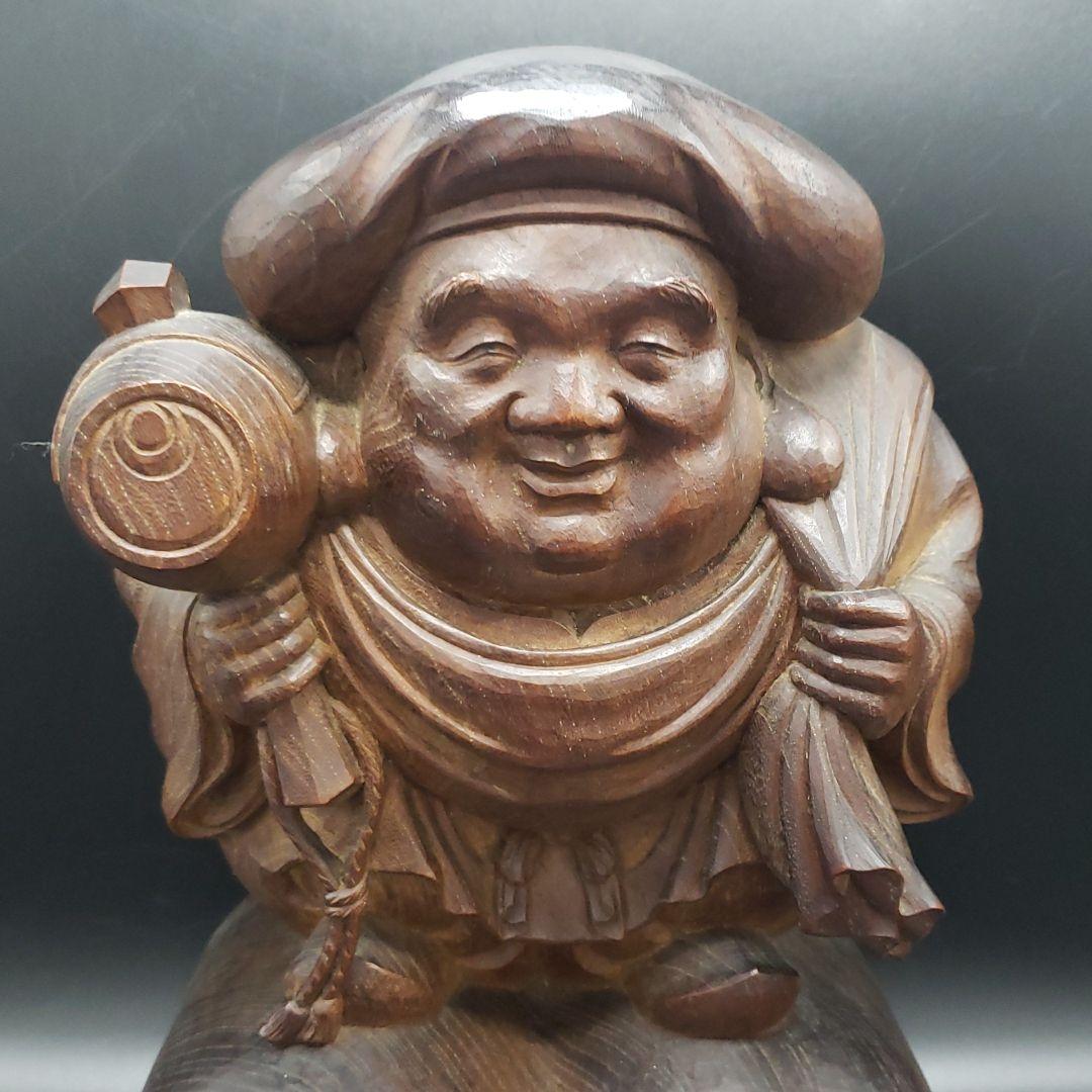 木彫り　大黒様　一刀彫　手彫り　細密　欅　置物　時代物　総重量4.8㎏　送料無料