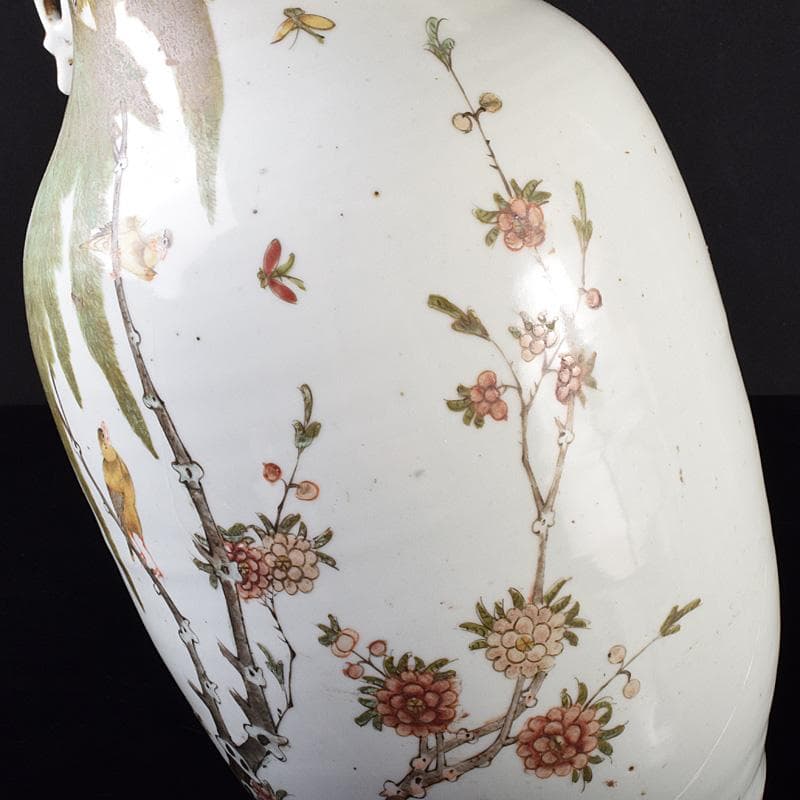 中国　粉彩花鳥文　双耳瓶　高さ約41cm　V　R7643F