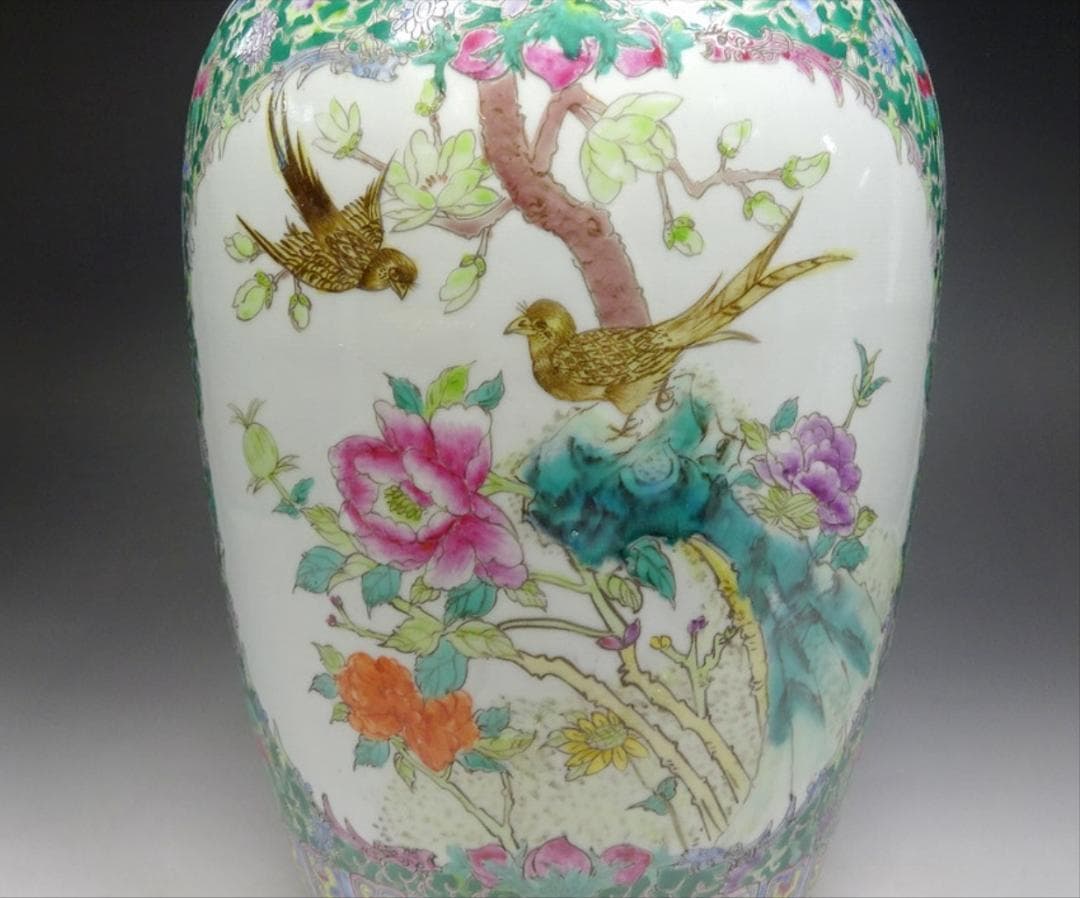 中国古玩 大清乾隆年製 粉彩 花鳥図 花瓶 高約35cm 時代物 c06101