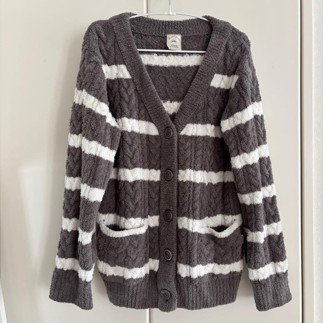 ジェラートピケ　ボーダーアラン　カーディガン　ロングパンツセット（GRY）