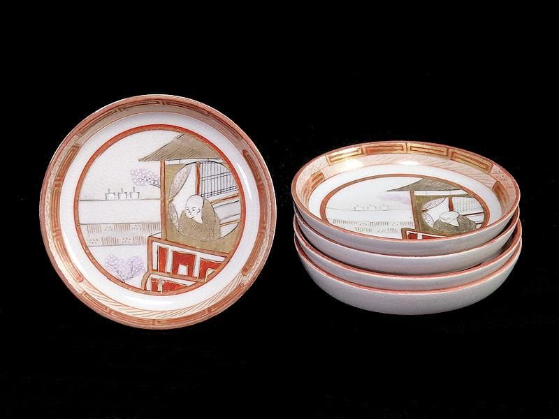 九谷　赤絵　桜花に人物図　豆皿　５客　D879AS-fazb