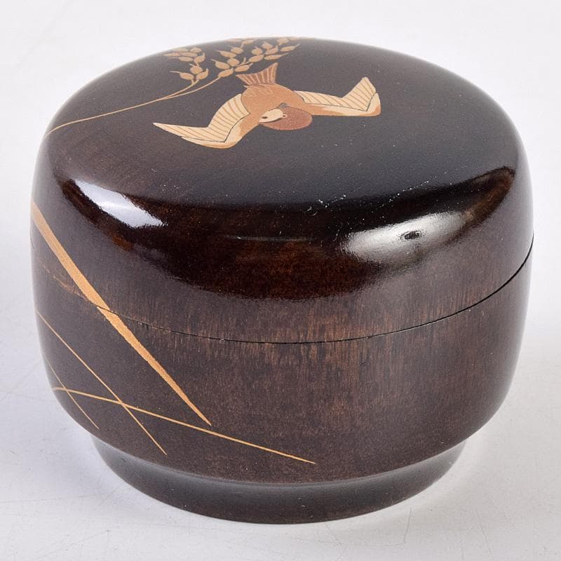 茶道具　山中塗　中村宗悦作　桜材　神代塗　稲穂雀蒔絵　丸香合　共箱　VR8978